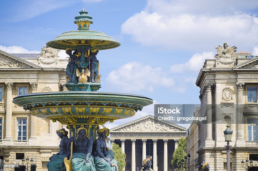 Fontaine des Mers at Place de la Concorde in Paris "Fontaine des Mers at Place de la Concorde in Paris, France, designed by Jacques Ignace Hittorff and completed in 1840. Other images of Fontaine des Mers:" 8th Arrondissement Stock Photo