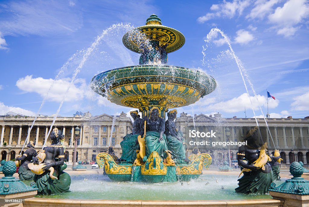 View of Fontaine des Mers at Place de la Concorde in Paris Fontaine des Mers at Place de la Concorde in Paris, France, designed by Jacques Ignace Hittorff and completed in 1840.  Paris - France Stock Photo