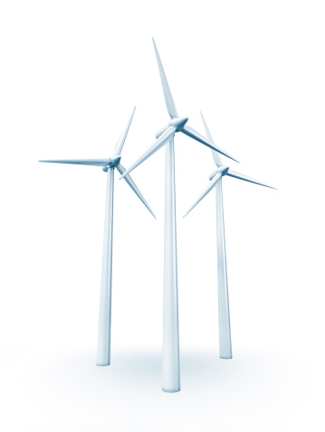 Three modern wind turbines over white background with soft shadow. Clipping path included.