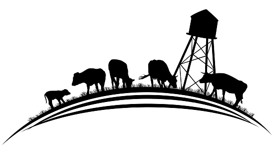 Silhouette scene from farm life with fields and cows on rounded land isolated on white background. Vector rural clipart.