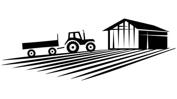 Vector illustration of Silhouette scene from farm life with barn and tractor isolated on white background. Rural clipart.