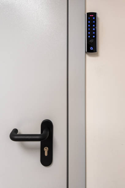 istock gray metal door with black handle and digital touch sensor RFID lock 1849393600