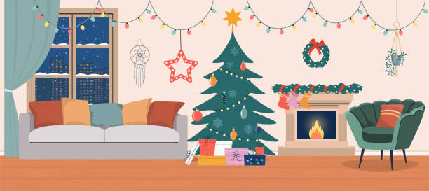 istock Living room Christmas interior. Comfortable sofa, Christmas tree,  window, chair and fireplace. Vector flat illustration 1849395736
