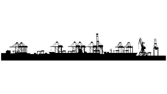 Cargo port silhouette with cranes isolated on white background. Parallax layer. Vector.