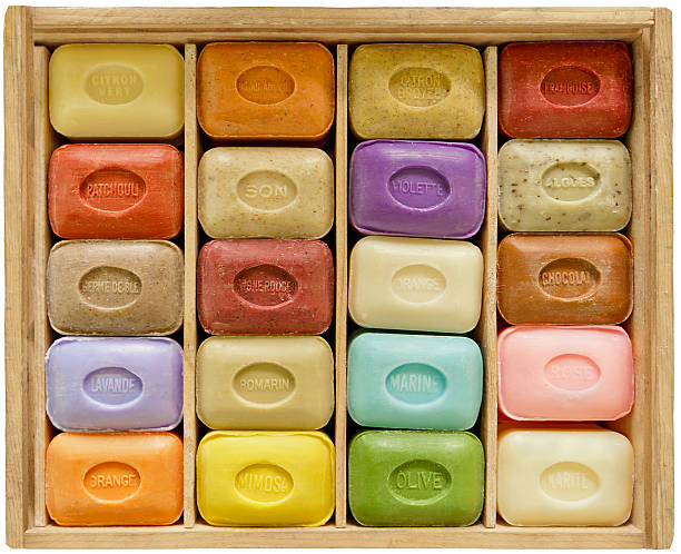 Soapbar collection in wooden box Set of 20 different flavoured soapbars in wooden box. bar of soap photos stock pictures, royalty-free photos & images