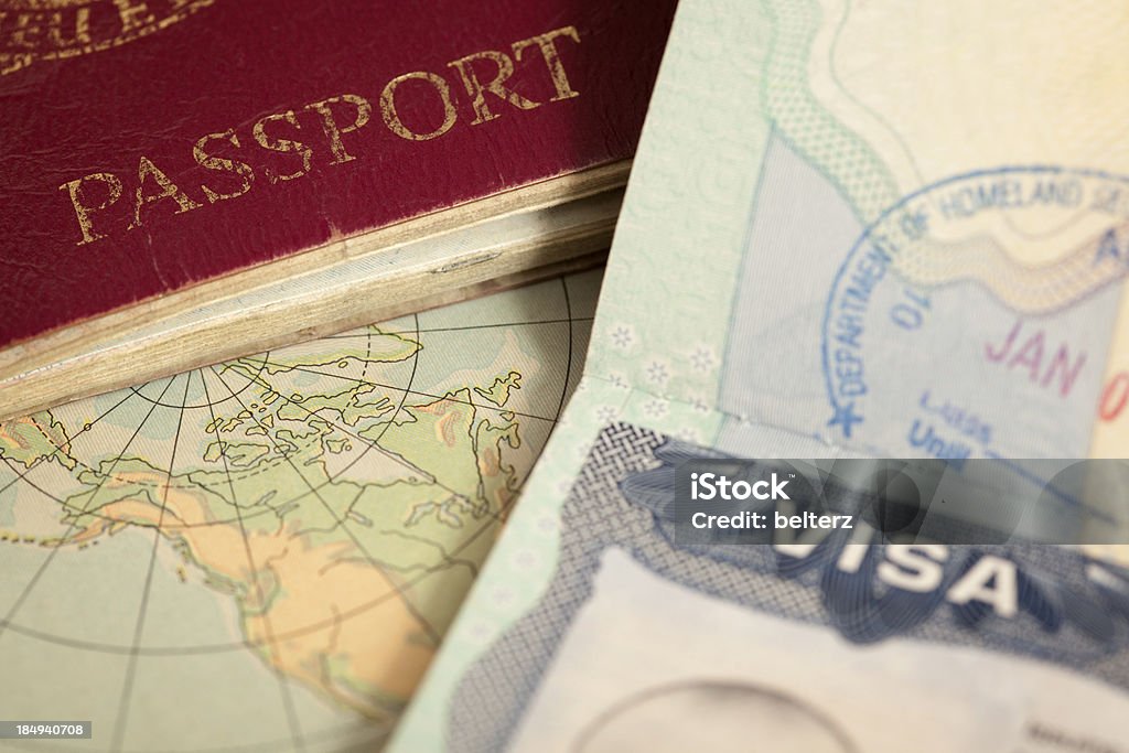 travel background "US visa, vintage map and passport background" Emigration and Immigration Stock Photo