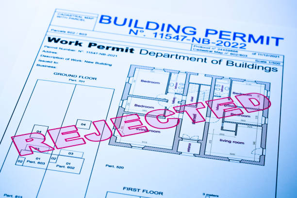 istock Rejected Buildings Permit concept illustration with refusing residential building project 1849409618