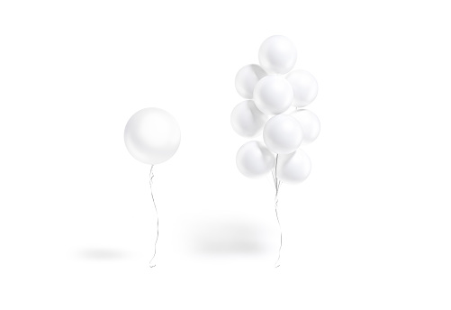 Blank white sphere balloon single and bouquet mockup, front view, 3d rendering. Empty glossy round mylar tower for decorative composition mock up, isolated. Clear helium balls stack template.