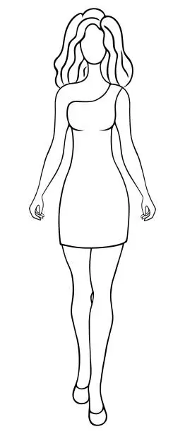 Vector illustration of A young woman parades in a short dress. Sketch. A girl in a tunic with a strap over one shoulder.