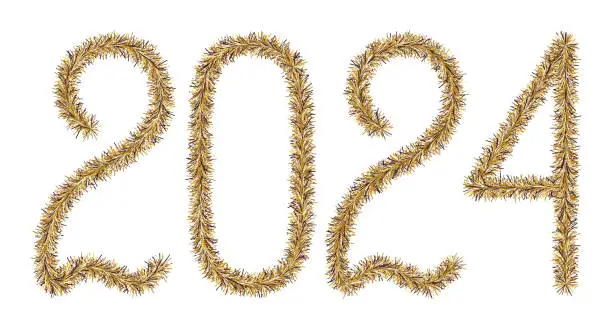 Vector illustration of 2024 inscription from festive Christmas tinsel decoration, dark gold color fluffy numbers