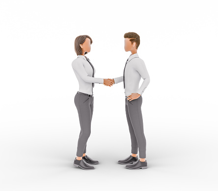 3D rendering of a stylized character businessman and businesswoman in professional attire engaging in a handshake, symbolizing a deal or partnership, isolated on a white background.