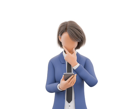3D rendering of a stylized character businesswoman in a blue suit, holding a smartphone and looking thoughtful, isolated on a white background.