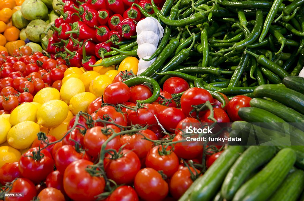 Fresh vegetables Various kinds of fresh vegetables in the grocery Greengrocer's Shop Stock Photo