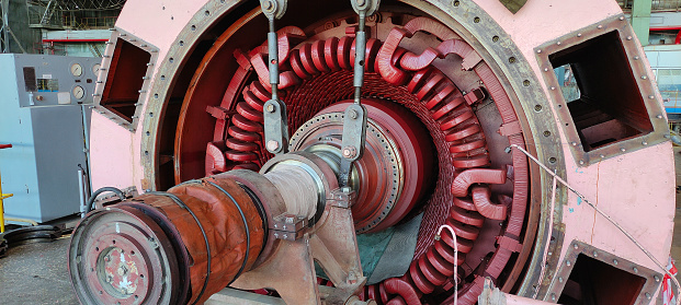 power generator of industrial steam turbine during reparation process at an thermal electric power plant