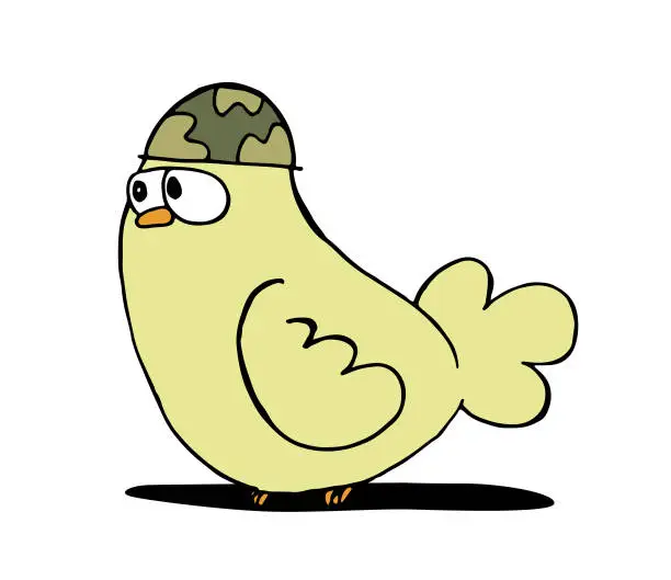 Vector illustration of Cute serious yellow bird character prepared to fight with a war helmet.