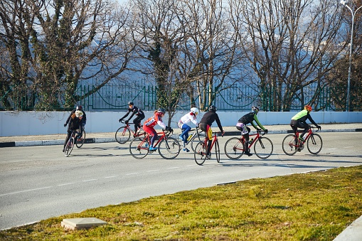 Kabardinka, Russia - March 20, 2022: Training for cyclists for competitions. Sports competitions.