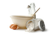 Baking Ingredients: Bowl, Eggs, Flour and Milk
