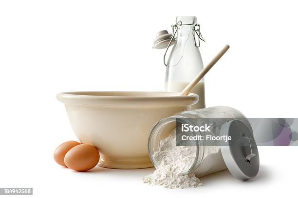 Baking Ingredients Bowl Eggs Flour And Milk Stock Photo - Download Image Now - Baking, Ingredient, Flour
