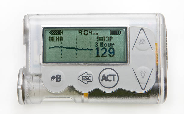Close-up of a silver insulin pump with readings on screen stock photo