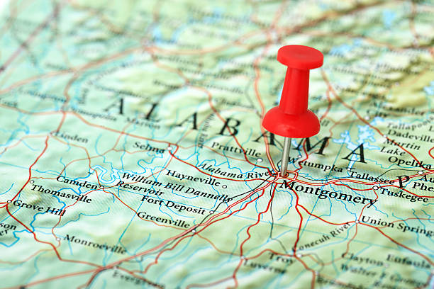 Montgomery Map, Alabama - USA "Montgomery Map. Source: ""Reference Atlas of the World""" usa road map selective focus macro stock pictures, royalty-free photos & images