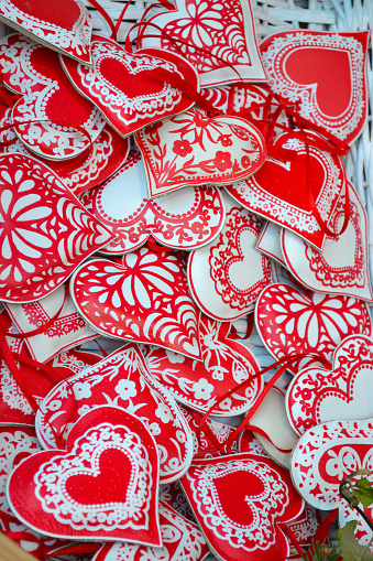 Budapest,Hungary-December 18th 2014:Traditional red-white hearts gifts at a stall of fairy Christmas market at Budapest downtown street,Hungary
