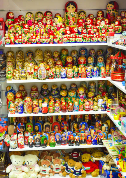 Budapest,Hungary-December 18th 2014:Traditional colorful Russian matryoshka nesting dolls souvenirs on display in a store at central street of Budapest city Hungary