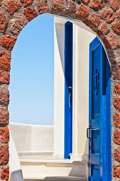 Greek door with arcade on Santorini, Greece. 