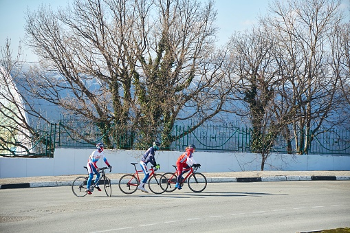 Kabardinka, Russia - March 20, 2022: Training for cyclists for competitions. Sports competitions.