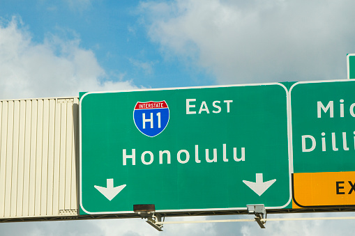 A road sign on interstate H1 on the Hawaiian island of Oahu.