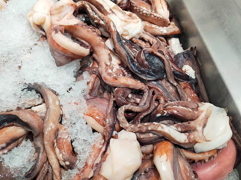 Squid, squid tentacles and squid wings are fresh. Frozen with crushed ice  for sale in department stores  supermarket.