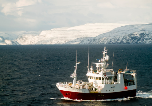 Red and white fishing trawler on the Barents Sea in Norway's arctic in the winter. Distant snow covered arctic landscape under a cloudyA'sky.