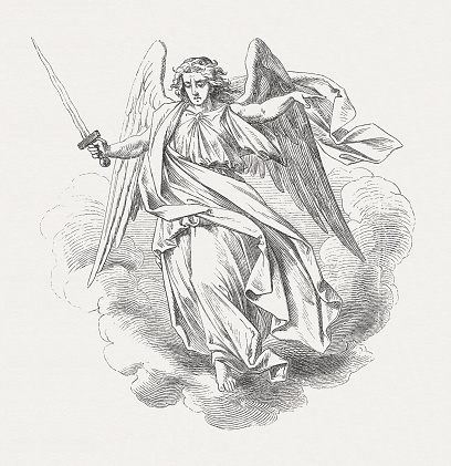 Raguel, a justice angel. Wood engraving after a drawing by Julius Schnorr von Carolsfeld (German painter, 1794 - 1872), published in 1877.