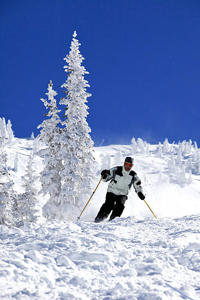 istock Man Skier in Action in Powder Snow With Clear Sky 184947005