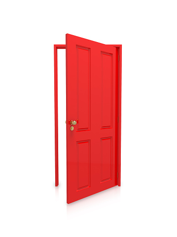 An open red door isolated on a white background. Clipping path included with file.