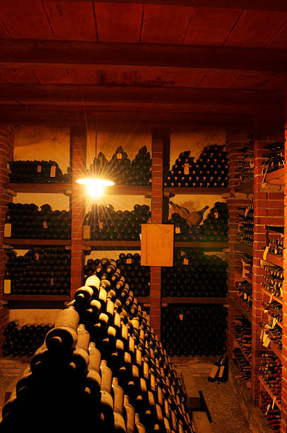 오래된 와인 셀러, 키안티 지역. - vertical wine bottle variation rack 뉴스 사진 이미지