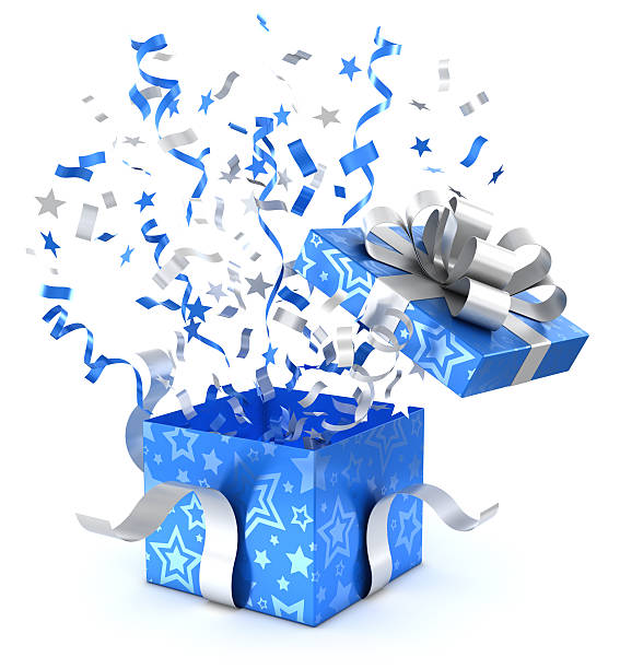 Blue gift box and confetti with clipping path stock photo