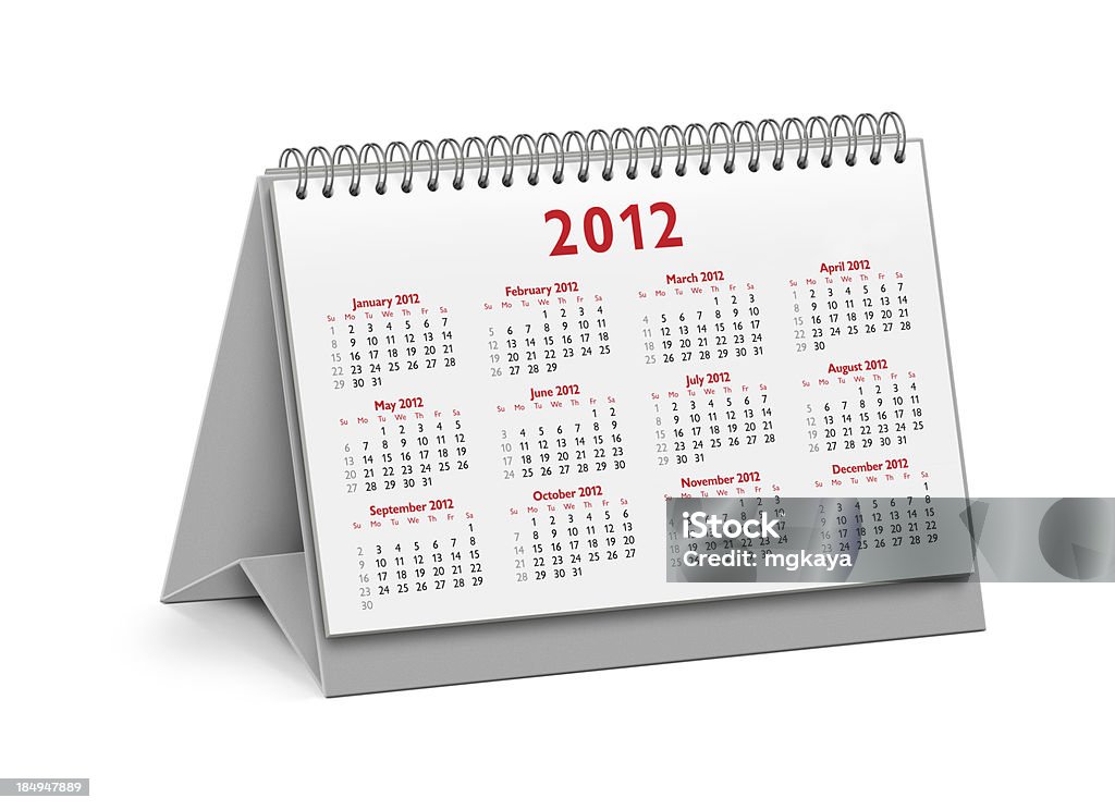 New Year 2012 Desktop Calendar "Spiral bound desktop calendar collection: Year 2012.In this version: Monthly calendar, textured gray stand, white paper, sans-serif font.Clean image and isolated on white background." 2012 Stock Photo