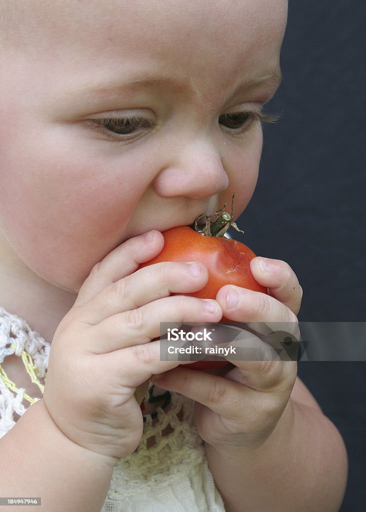 baby eating A baby girl bites into a homegrown tomato. 12-17 Months Stock Photo