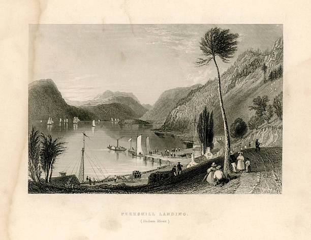 ilustraciones, imágenes clip art, dibujos animados e iconos de stock de peekskill landing, al río hudson (geo virtud 1839 - old fashioned scenics engraving river