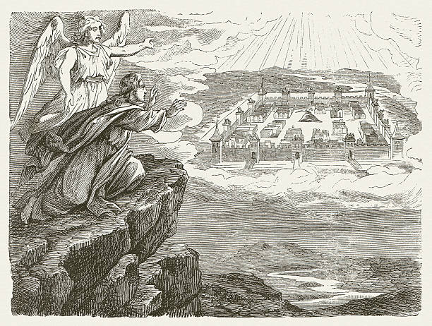 John and the new Jerusalem (Revelation 21, 1-2), published 1877 "Then I saw a new heaven and a new earth, for the first heaven and earth had ceased to exist, and the sea existed no more. And I saw the holy city aa the new Jerusalem aa descending out of heaven from God, made ready like a bride adorned for her husband. (Revelation, Chapter 21, 1-2). Woodcut after a drawing by Julius Schnorr von Carolsfeld (German painter, 1794 - 1872) from my archive, published in 1877." Armageddon Bible stock illustrations