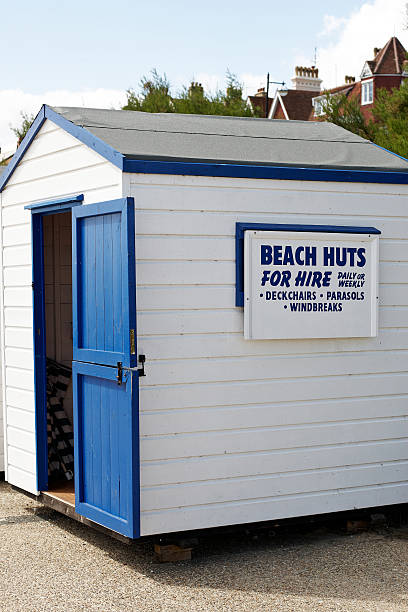 istock Typically English beach hut for hire sign 184950539