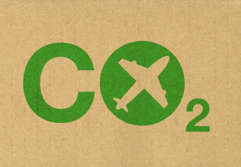 Co2 aircraft emissions stamped on to the side of recycled cardboard in green. Areoplane drawn and created by myself.