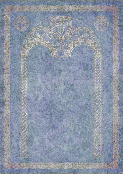 This High Resolution Old Blue Animal Skin Parchment Wizened Grunge Texture, with Medieval Arabesque Gilded Decorative Motif, is defined with exceptional details and richness, and represents the excellent choice for implementation within various CG Projects. 