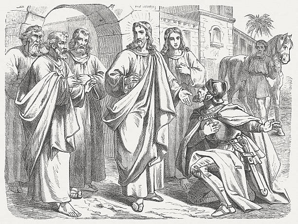 Healing the Centurion’s Servant (Matthew 8), wood engraving, published 1877 When he entered Capernaum, a centurion came to him asking for help: “Lord, my servant is lying at home paralyzed, in terrible anguish.” Jesus said to him, “I will come and heal him.” But the centurion replied, “Lord, I am not worthy to have you come under my roof. Instead, just say the word and my servant will be healed. For I too am a man under authority, with soldiers under me. I say to this one, ‘Go’ and he goes, and to another ‘Come’ and he comes, and to my slave ‘Do this’ and he does it.” When Jesus heard this he was amazed and said to those who followed him, “I tell you the truth, I have not found such faith in anyone in Israel! (Matthew, Chapter 8, 5-10). Woodcut engraving after a drawing by Julius Schnorr von Carolsfeld (German painter, 1794 - 1872), published in 1877. roman centurion stock illustrations