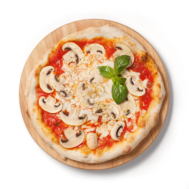 istock Pizza with mushrooms, on wooden plate, white background 184951260
