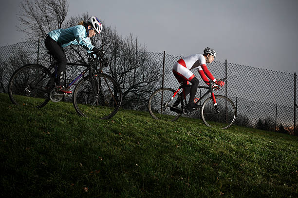 Athletes training for a cyclo-cross race stock photo