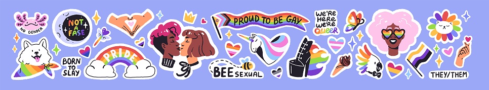 LGBTQ stickers set. Rainbow, hearts, cute dog, cat with gay symbols. LGBT progressive flags, lesbian kiss. Homosexual phrases, love, queer, pride month. Flat hand drawn isolated vector illustrations.