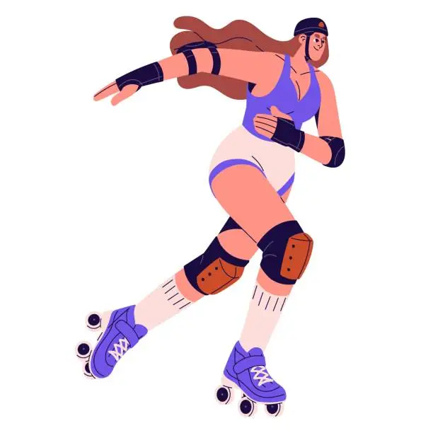 Vector illustration of Professional skater in roller skates rushing. Happy girl in safety uniform, helmet rollerblading. Young woman ride on rink. Active summer leisure. Flat isolated vector illustration on white background