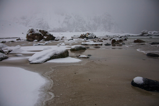 Winter in Bleik Beach, Lofoten Islands, Northern, Norway.