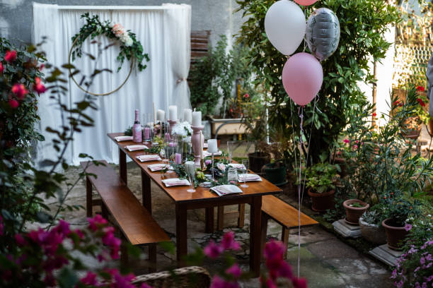 istock Well decorated and prepared table in back yard ready for bachelorette party 1849533632